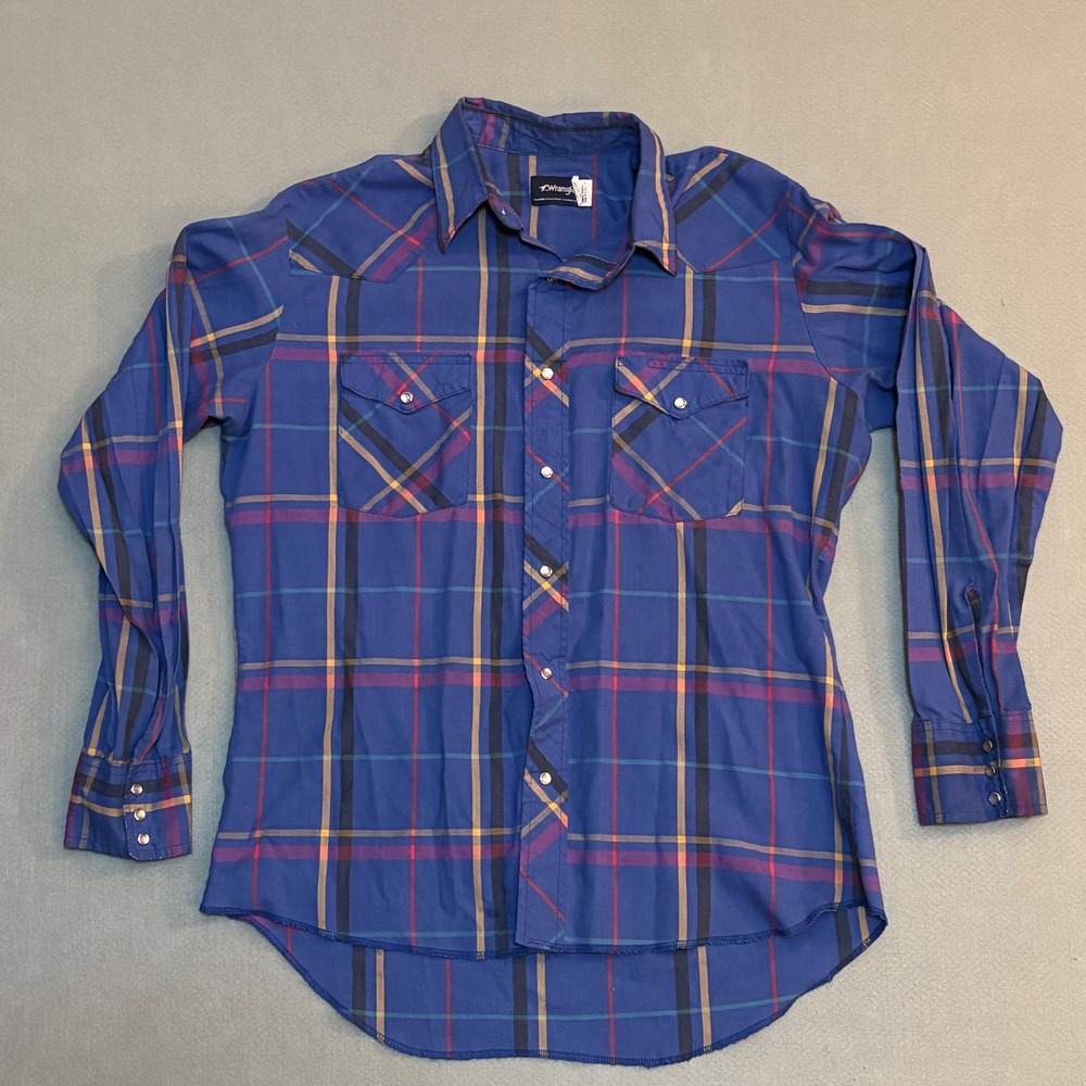 Wrangler Vintage Western Pearl Snap Plaid Shirt Mens XL Blue USA Made 75307AA